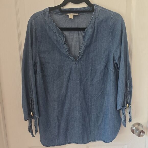 Michael Kors Denim Blue Blouse with Split Neck - Picture 1 of 5